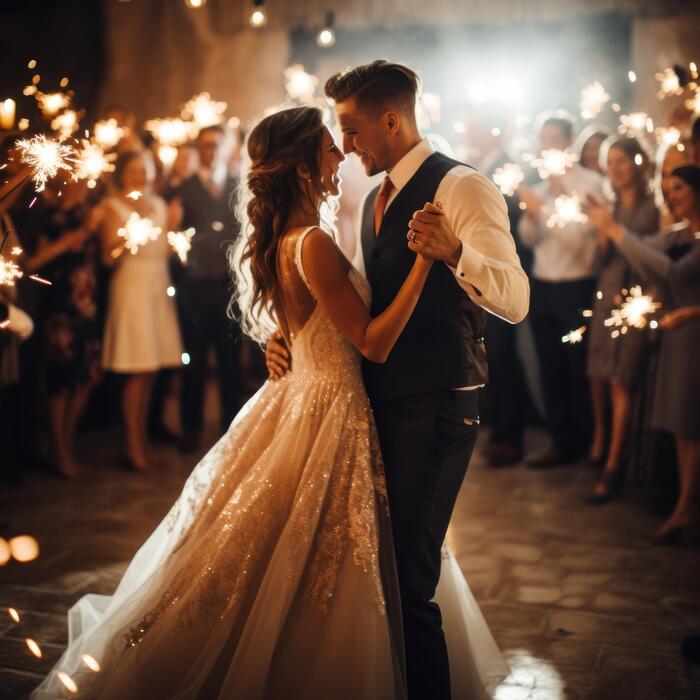 Bride and groom dancing together surrounded by wedding guests holding sparklers